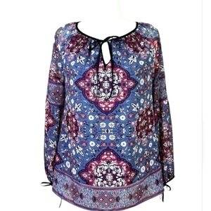 White House Black Market Boho Printed Floral Tie Blouse Velvet Ties, 6